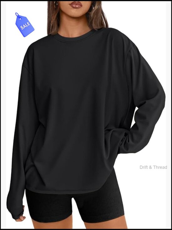 Tops - Oversized Long Sleeve T-Shirt, Lightweight Stretch Fabric, Crew Neck Basic Tee